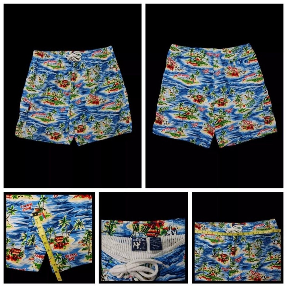 Vintage Big Dogs Island Swim Trunks Mens Large Blue Hawaiian Drawstring